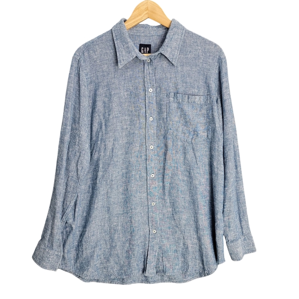 GAP Button Down Up Shirt Womens Large Blue Linen Lagenlook Chambray Classic Chic